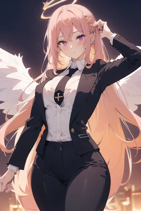 beautiful young woman, lithe physique, long messy peach colored hair, magenta eyes, halo, crown, white shirt, black tie, black jacket, black pants, suit and tie, small breasts, large ass, thighs, highly detailed, 8k, photorealistic, dramatic lighting, cine...