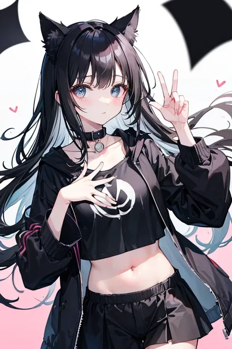 Thinned black hair、Messy hair、Make a peace sign、Black fluttering clothes、cute、Stylish、Black cat ears、Wearing a collar