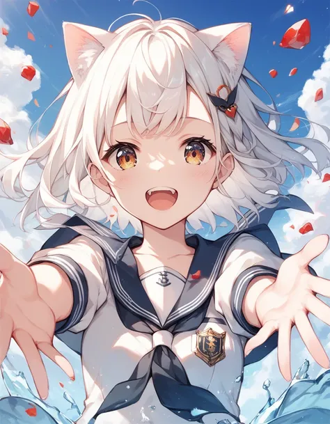 score_9, score_8_superior, score_7_superior, score_6_superior, sauce_anime, evaluation_Safety, masterpiece, Highest quality, White haired cat ear girl, Straight, Viewer Perspective, Reaching out, Adorable, Sailor suit