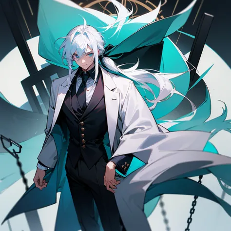 1 man with long white hair and hair tied back, wearing a black overcoat covering his white shirt with a cyan tie and black dress pants with pockets and chains while wearing a white scarf with a tall white background with a smile and a clock showing 12 hour...