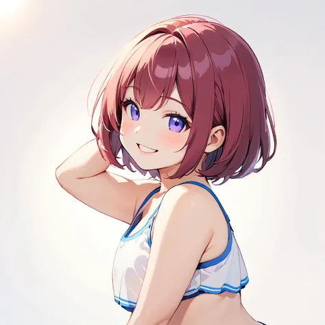 One Girl、最high quality、high quality、masterpiece((masterpiece, 最high quality:1.2), bazett, One girl, alone, short hair,  Tank top, Bikini Bottoms, Dynamic pose、View your viewers,smile,White background only,whole body,From the side,Look to the side(Little),(...