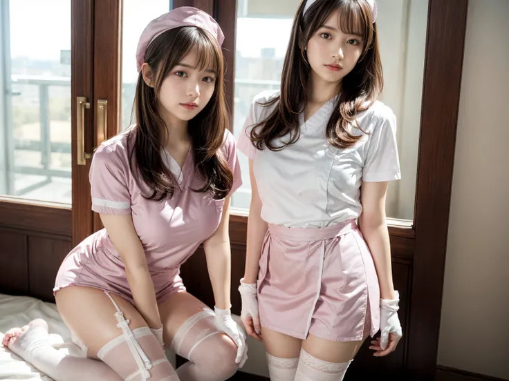 masterpiece, best quality, illustration, Super detailed, fine details, High resolution, 8K,wall paper, perfect dynamic composition,(Details High quality, realistic depiction of eyes:1.3), (3 girls), ((nurse cap, short sleeves, light pink nurse wear, ((whit...