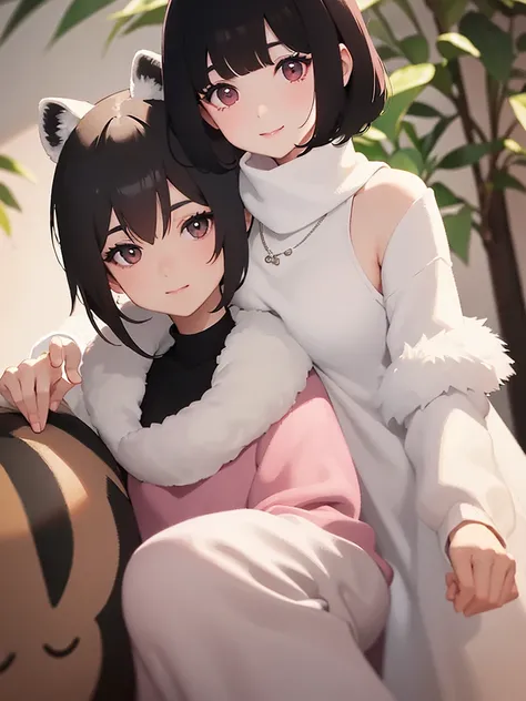 A woman with short shoulder-length hair, black hair, white skin, pink-peach makeup. Cute face with a sweet smile, wearing a white wool turtleneck, with a raccoon on her shoulder.