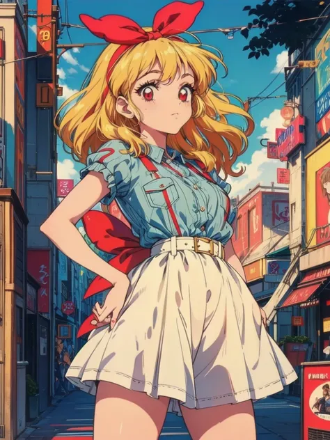 (RED Ribbon on HAIRband:1.2),(80s, retro, city pop poster:1.5), (album cover), (masterpiece, best quality), (anime, illustration), 
best photo pose, dynamic angle, cowboy shot,
girl, solo, 80 anime style, 19 year old Russian girl, blonde girl, shoulder hei...