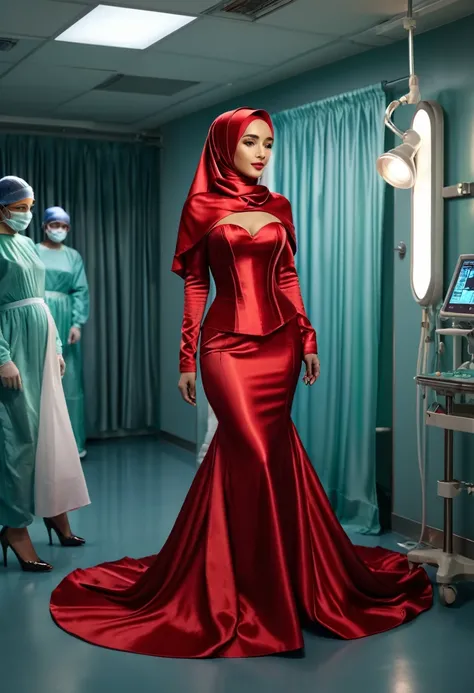 a woman in the silk gown, full body,wear hijab,wear corset ,brest expose, half neked, mermaid tight long gown, flowy dramatic long gown, double long satin train ( 4 meter long ),red satin sheet, in surgical operating room, in wear high heels, masterpice, 4...