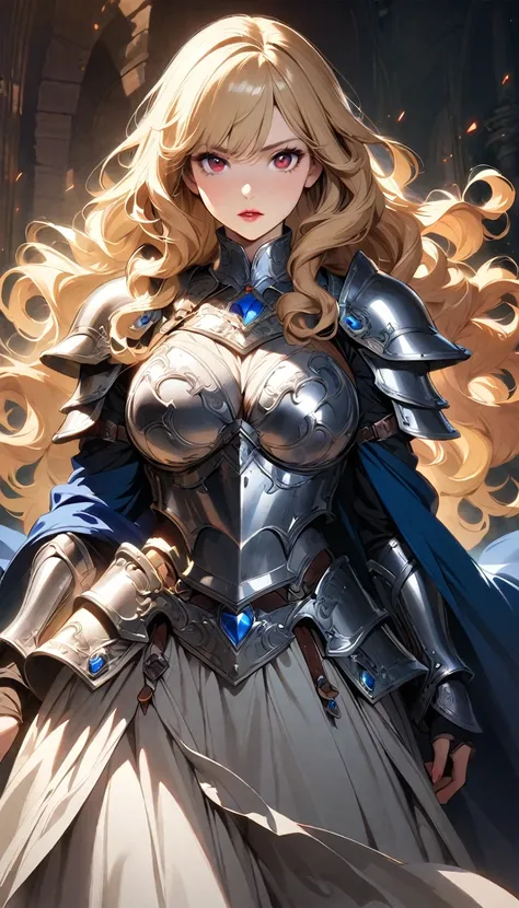 (best quality), (very aesthetic), (ultra-detailed), (best illustration), 1 woman, Solo, fine texture, light blonde hair, long hair, curly hair, dark red eyes, lipstick, (large breasts1.2), Western Armor, Silver Armor, Blue gemstone decoration, Blue cape, r...