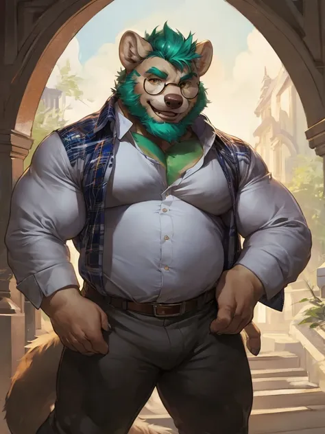 Solo, SemiMuscular Medium thin, male middle aged, anthro Stone marten, Master of Philosophy, black and creamy white fur, body beauty of a bluish-green tone, thin beard, Amber eyes, flirting, dynamic light, opened Shirt, Spectacles, thick shirt, Middle age,...