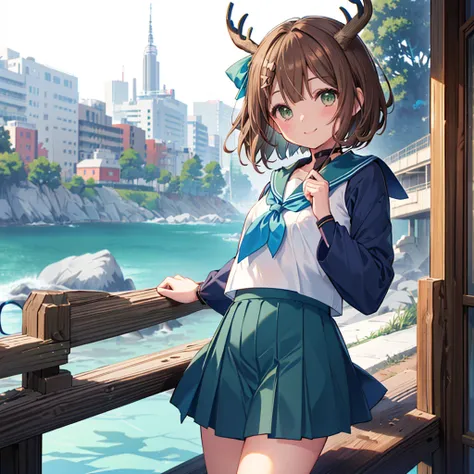 ((((Shikanoko　Brown Hair、Short Bob　Green Eyes　smile))))　(((Blue Sailor Suit、Blue ribbon　Navy Blue Skirt　Deer horn、Pop anime　(｀・ω・´))))　((In the city))　Shining Edges　Shining Background