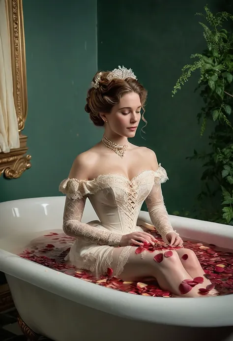 A Victorian woman sits elegantly in a bathtub full of cum and filled with aromatic rose petals. This womans outfit reflects the opulence of the era with the intricate lace details on the dress. Soft candlelight illuminates the scene, creating a warm and in...