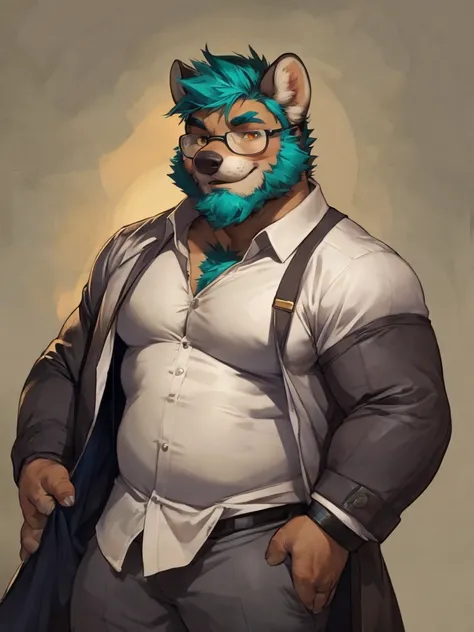 Solo, SemiMuscular Medium thin, male middle aged, anthro Stone marten, Master of Philosophy, Coat of a dark shade and a cream color , body beauty of a bluish-green tone, thin beard, Amber eyes, flirting, dynamic light, opened Shirt, Spectacles, thick shirt...