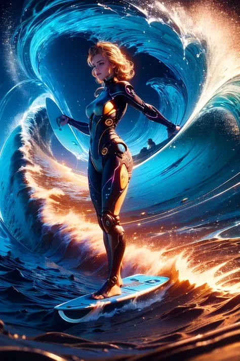 top quality, future world, State-of-the-art robot, Beautiful Woman surfing on the sea, Transformed into a cyborg except for the face, whole body photo, (((surfing, sea wave, sea, sand, standing on surfing board)))