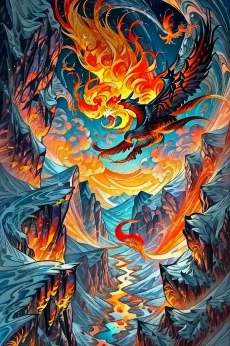 There is a painting of a firebird flying over the mountains, "Phoenix rest wallpaper, Phoenix artwork, Phoenix wallpaper, Phoenix dragon, Phoenix in fire, jellyfish phoenix dragon, jellyfish phoenix, jellyfish phoenix, phoenix rising from ashes, with fiery...