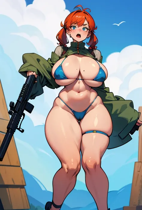 Young girl, Pullover, blue bikini, mini bikini, whole body to see, disgusting face, angry, scream, pigtails hair , (( very wide hips)), (((colossal Thighs, gigantic thighs, very huge thighs, very big thighs))), fullbody, withe platform heels, freckled skin...