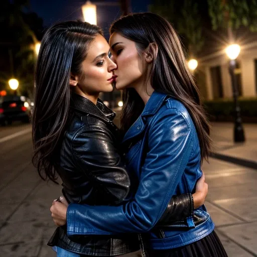 Best quality, realistic, from the front in first person, Nina Dobrev on the street of Los Angeles, (a female mexican Supermodel), (sexy blue leather jacket:1.1), split, seductive smile, (dark hair), (hairstyle:1.0), Perfect eyes, sharp parts, detailed face...