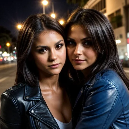 Best quality, realistic, from the front in first person, Nina Dobrev on the street of Los Angeles, (a female mexican Supermodel), (sexy blue leather jacket:1.1), split, seductive smile, (dark hair), (hairstyle:1.0), Perfect eyes, sharp parts, detailed face...