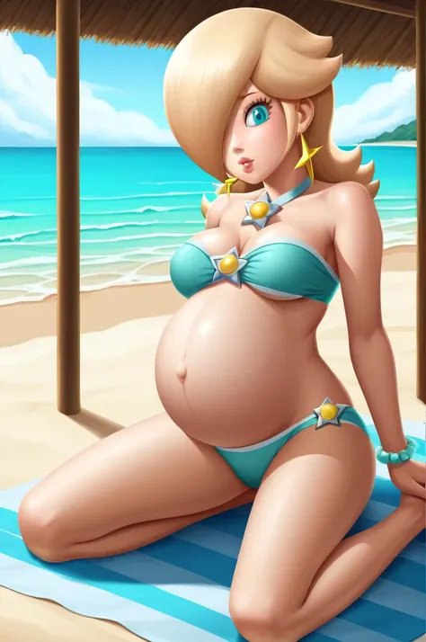 score_9, score_8_up, 1girl, solo, rosalina, style parody, thick outlines, bikini, strappy bikini, panties, pregnant belly, sleeveless, strapless, cleavage, indoors, beach, 