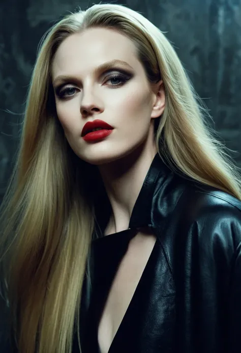 female vogue model 35yo with pale skin, beautiful evil slavic muscular woman, pale skin, long dark blond hair, sleek hair, strong make-up, pat mcgrath-style, wearing boris bidjan saberi, 1990s vogue-style, setting is an artsy, ad-magazine-style, style indo...