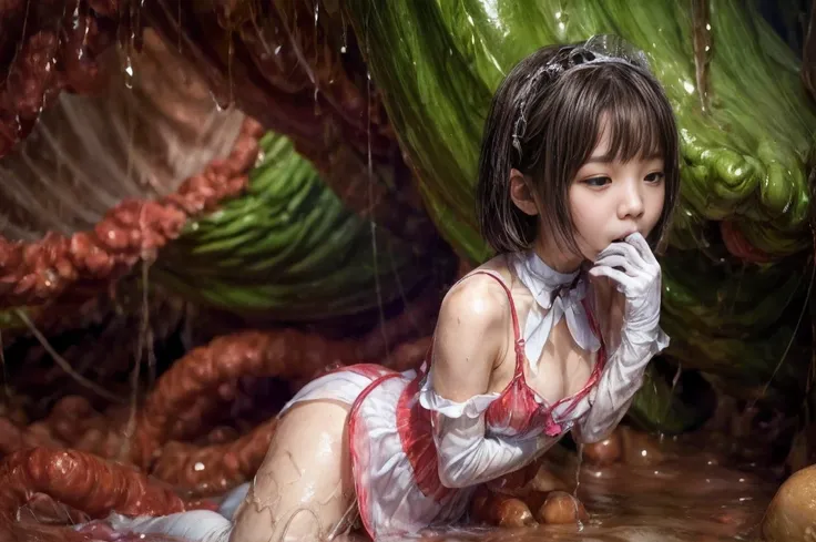 tentacles raping chjld himeka (inside creature:1.4) of stinky saliva fluids, (stinky dress), wet girl, sitting, ((looking at the viewer)), wet skin, bukkake, anguished, bound by slimy tentacles, bdsm, vine, sitting in a mirror, she is resisting from cum sh...