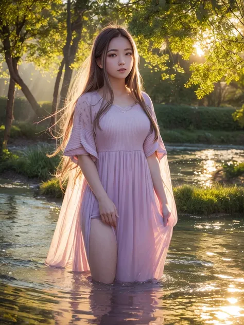 Official Art, Unified 8k wallpaper, Very detailed,  masterpiece, Best image quality，Ultra Wide Angle，evening，woman，Standing in the pond，water is like a mirror，Reflecting the sky。Looking up at the sky，(Colorful sunset)，Dynamic Angle, Grace, Bright colors,Su...