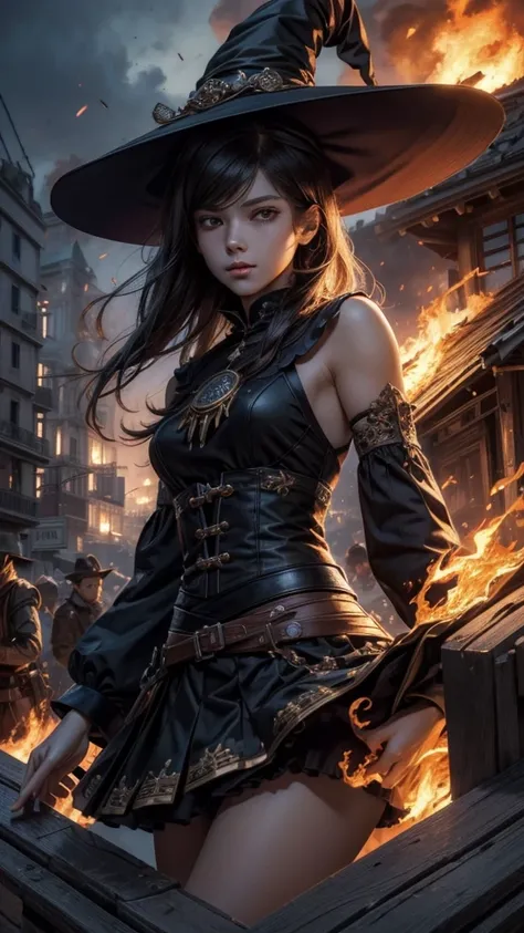 (masterpiece:1.2), (best quality:1.2), (extremely detailed:1.2), (ultra detailed), 1woman,
maki oze, witch hat, top, detached sleeves, skirt,
human on fire, building on fire,
on top of the building,