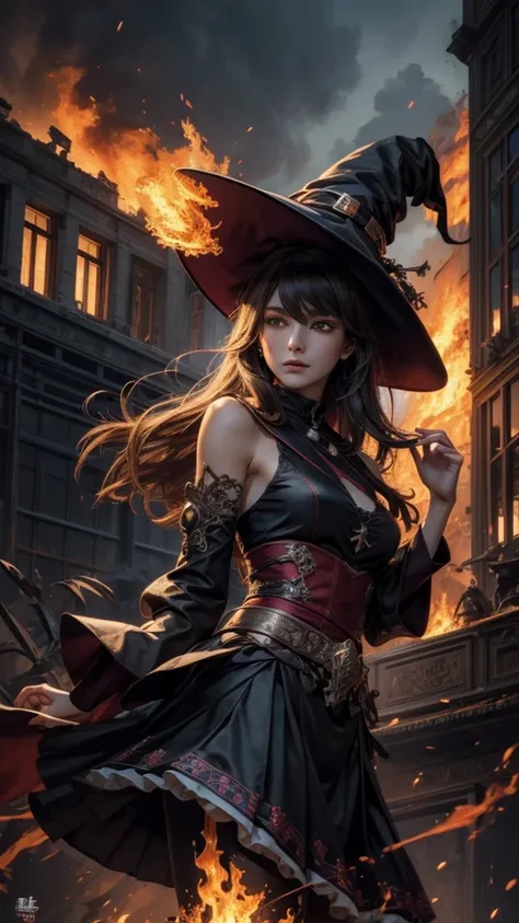 (masterpiece:1.2), (best quality:1.2), (extremely detailed:1.2), (ultra detailed), 1woman,
maki oze, witch hat, top, detached sleeves, skirt,
human on fire, building on fire,
on top of the building,