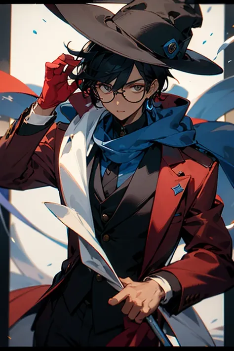 Jace with a maroon suit and black dress pants, brown skin, with a wide black brim hat, white scarf, black frame glasses, black hair 