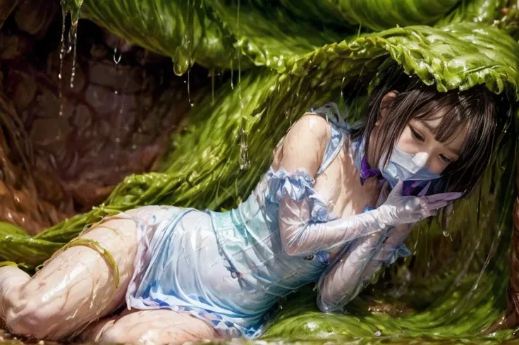 tentacles raping chjld himeka (inside creature:1.4) of stinky saliva fluids, (stinky dress), wet girl, sitting, ((looking at the...