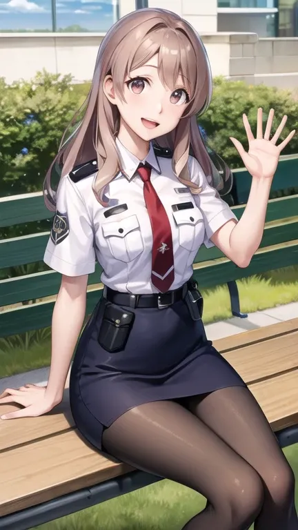 masterpiece, best quality, highres, kh1, red necktie, police uniform, pencil skirt, pantyhose, short sleeves, white shirt, belt, cowboy shot, outdoors, sitting, bench, smile, waving, open mouth,