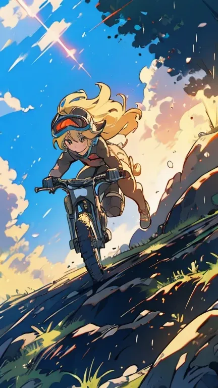 one girl\(mountain bike\(motion blur:1.2\), (downhill:1.4), running down a dangerous cliff, rider, downhill outfit\(full face he...