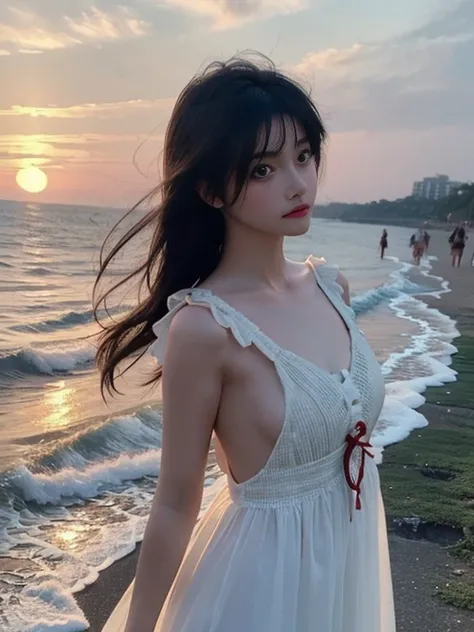 1girl, walking on the beach, her feet in the water, white dress and red ribbon, black hair, long hair, scenery, sunset, bare foot, small breast, (side boob:0.9), (under boob:0.9), sunset light, vibrant colors, (detailed light:1.1), (dynamic light:1.1) (int...