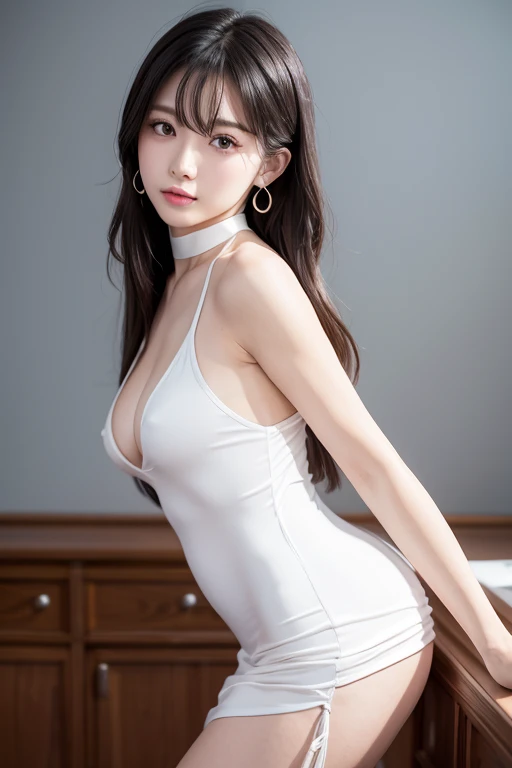 ((from side,One girl shown from the waist up))、Real17歳女性、cute、((Small breasts))、(((Long white hair)))、((Completely naked))、((Oversized wide armhole dress、One nipple,)） And a very slim figure,,,,,、Very thin leganicules、Earrings、Pink Lip、choker、Real、Sexual、H...