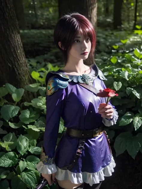 forest, magical forest, fantasy, light bean, light particles, mushroom, flowers, sharp focus, lanterns, fantasy art, butterflies, bushes, maki nishikino, short hair, (purple eyes:1.1), red hair, lucina fe, tiara, long hair, bule hair, blue eyes, armor, sho...