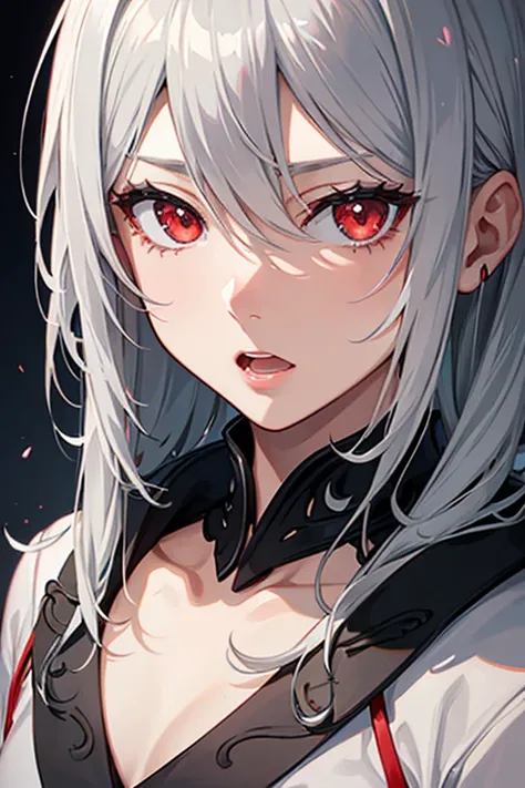 High resolution, detail, 高いdetail, Shortcuts, Gray Hair, Grey Hair, Silver Hair, chest, Open your mouth, Red eyes, Multiview, accessories, Illustration, Anime Style, Character Design, 