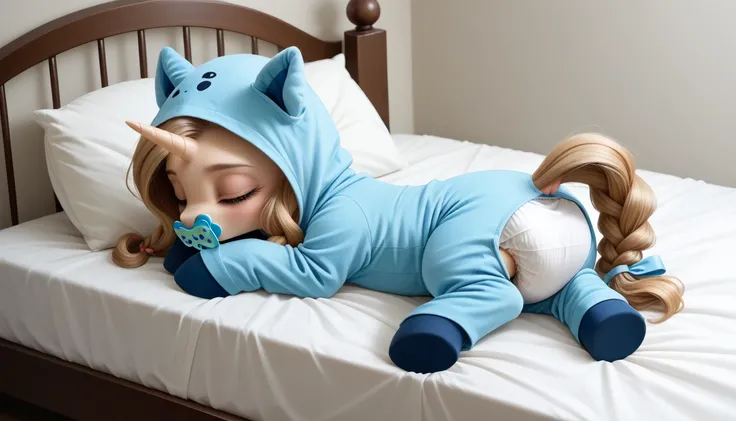 pony, light caramel unicorn, adult mare, sleeps in an adult-sized crib, closed eyes, lush mane braided, bushy tail, dressed in bright blue an onesie adult size and blue booties adult size, blue pacifier in mouth, solo, thick light blue diaper under clothes...