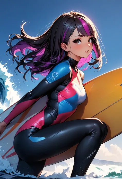 (highest quality:1.2, Very detailed, up to date, Vibrant, Ultra-high resolution, High Contrast, masterpiece:1.2, highest quality, Best aesthetics), Portraiture、girl、((25-years-old:1)), standing on surfboard, (squatting:0.6) balancing, (dynamic posing), (st...