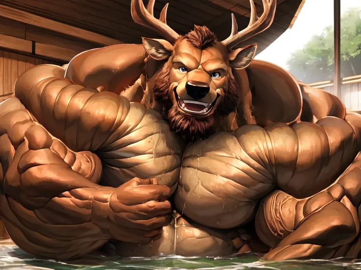 muscular old man soak in the onsen, furry, an anthro (brown deer), an anthto, bearded, happy expression, detailed face, face, detailed eyes, eyes, really big muscle, bigger muscle, very big muscular, over sized muscle, biggest muscle, big pec muscular, big...