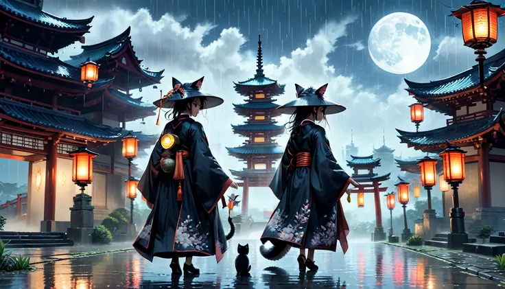 A dark fantasy scene featuring an anime character with cat ears, wearing a traditional, flowing robe and wide-brimmed hat, standing on a rain-soaked pathway in a mystical city. The character faces away from the camera, revealing intricate embroidery on the...