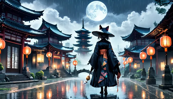 A dark fantasy scene featuring an anime character with cat ears, wearing a traditional, flowing robe and wide-brimmed hat, standing on a rain-soaked pathway in a mystical city. The character faces away from the camera, revealing intricate embroidery on the...