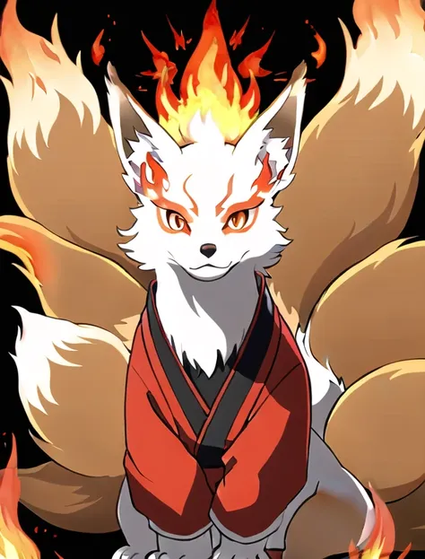 Features a majestic fire kitsune with vibrant orange and red flames surrounding it, its nine tails elegantly fanning out. Kitsune fox