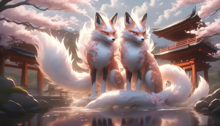 Create a digital artwork that captures the mystical and enchanting presence of a Kitsune in an ancient Japanese setting. The Kitsune should be depicted partially transformed, with its fox form showing multiple tails and a magical aura, while also appearing...