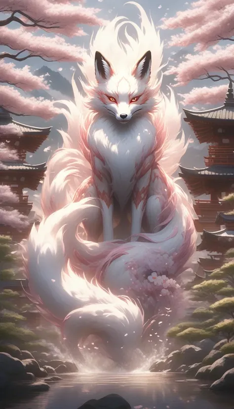 create a digital artwork that captures the mystical and enchanting presence of a kitsune in an ancient japanese setting. the kit...