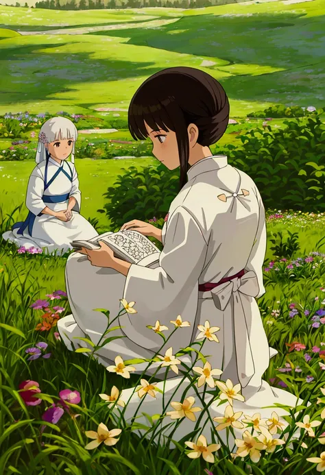 arafed woman sitting in a field of flowers reading a book, white hanfu, palace ， a girl in hanfu, girl sitting in a flower field, by Yang J, sitting in a field of flowers, in a field of flowers, in a cottagecore flower garden, hanfu, in a field with flower...