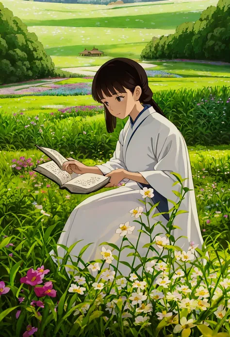 arafed woman sitting in a field of flowers reading a book, white hanfu, palace ， a girl in hanfu, girl sitting in a flower field, by Yang J, sitting in a field of flowers, in a field of flowers, in a cottagecore flower garden, hanfu, in a field with flower...