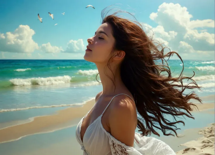 Woman enjoying the wind and breathing fresh air on the beach and clear white sand with blue sky very realistic