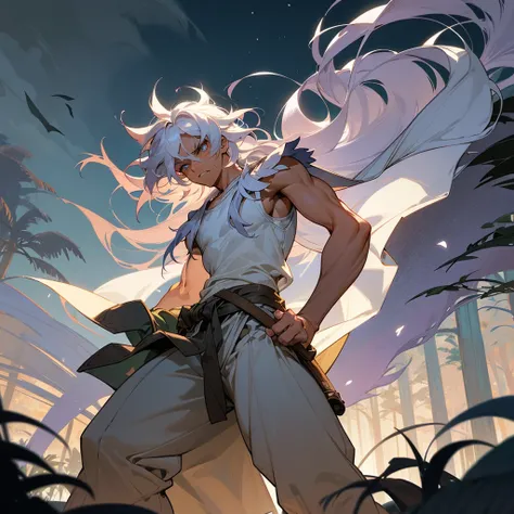 1male, muscular, tan skin, young teen, finely detailed lavander eyes, wild long hair, messy hair, seashell white color hair, adventurer gear, sleeveless shirt, baggy combat pants, night time, dark forest, somber expression, angry, flowers, standing on path...