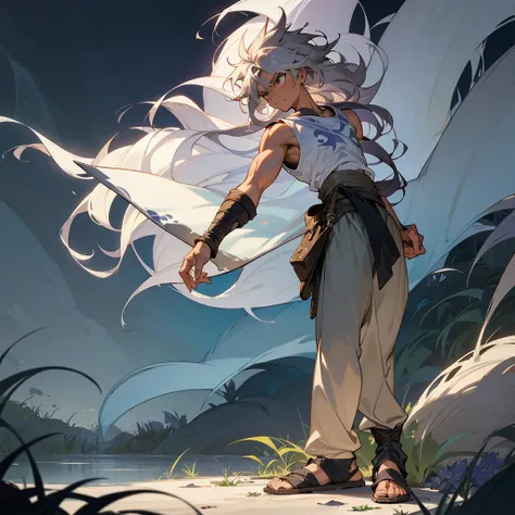 1male, muscular, tan skin, young teen, finely detailed lavander eyes, wild long hair, messy hair, seashell white color hair, adventurer gear, sleeveless shirt, baggy combat pants, night time, dark forest, somber expression, angry, flowers, standing on path...