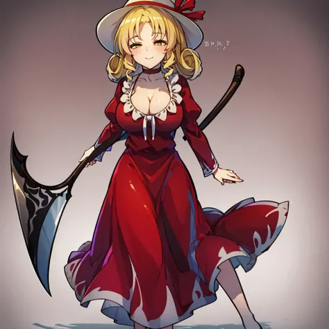 a drawing of an anime character in a red dress and boots with a large scythe, ((high end)), (UHD picture), (best quality,4k,8k,highres,masterpiece:1.2), top-quality(​masterpiece), top-quality, ultra-detailed, highly detailed texture, intricate details, hig...