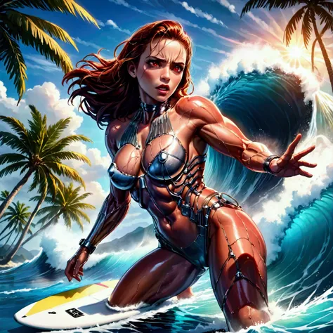 (riding a surf board) Arnold Schwarzenegger as T-800 battle damaged,1990s,wielding machine gun,riding surfboard,intense horror sci-fi,Hawaii,photorealistic,hyperdetailed,high contrast lighting,gritty,dramatic posing,muscular body,metallic exoskeleton,glowi...