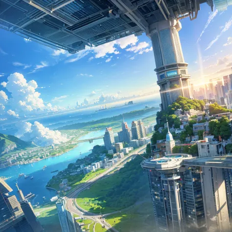 Seaside scenery, Blue sky and clouds、Ultra HD、Ultra-delicate details、(Highest quality,4K,8k,High resolution,masterpiece:1.2),Very detailed,(Realistic,Realistic,Photorealistic:1.37),Future Technology,Huge urban high-tech tablet platform,airship,Floating in ...