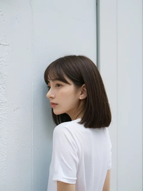 Rear view，Staring in the direction the light points、Stylish short sleeve top、Silky Hair、30-year-old woman(背景にWhite wall、Straight hair:1.4)、White wall、In front of the white door、Don&#39;Don&#39;Don&#39;Don&#39;t look at the camera、profile、(窓のあるWhite wallの部屋...